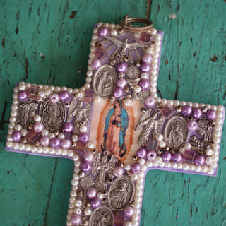 Beaded Cross with Image of Guadalupe  Zinnia Folk Arts Lilac  