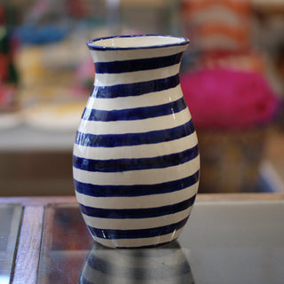 Blue and White Mexican Talavera Flower Vase, Ready to Ship Ceramics Zinnia Folk Arts Blue and White Striped  
