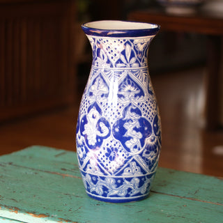 Classic Tall Tulip Shaped Talavera Flower Vase, Ready to Ship Ceramics Zinnia Folk Arts Florero Alto #1 -blue and white  