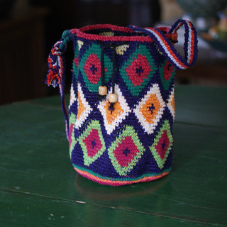 Colorful Crocheted Shoulder Bucket Bags Apparel Zinnia Folk Arts Diamonds on Dark Purple  