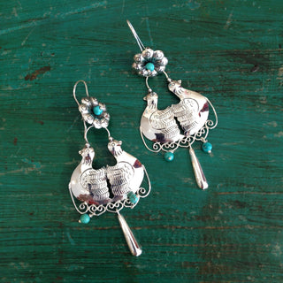 Double Birds with Turquoise Beads Sterling Silver Earring Jewelry Zinnia Folk Arts   