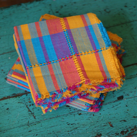 Handwoven Cotton Napkins, Plaids and Stripes Textile Zinnia Folk Arts Pilar-Turquoise