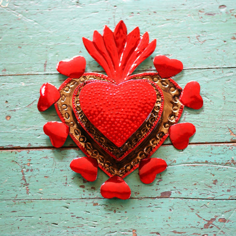 Large Painted 3-D Tin Mexican Heart with Hearts Fiesta Zinnia Folk Arts 3 Layer Red Heart with Red Flame  