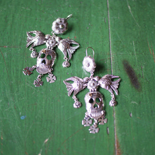 Large Sterling Silver Sugar Skull Earrings Day of the Dead Zinnia Folk Arts   