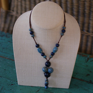 Long Blue Ceramic Bead Necklace  Zinnia Folk Arts   
