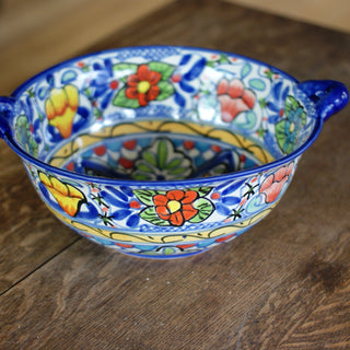 Mexican Talavera Cazuela Bowls with Handles, 12", Ready to Ship Ceramics Zinnia Folk Arts Red Petunia with Blue  