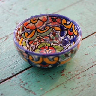 Mexican Talavera Cereal Bowls, Ready to Ship Ceramics Zinnia Folk Arts Red Petunia with Blue  