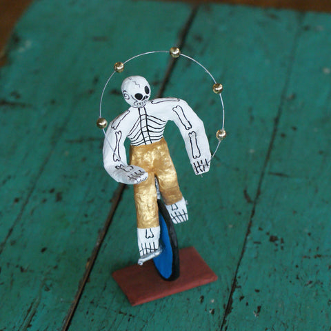 Paper Mache Skeleton on Unicycle Whimsical Zinnia Folk Arts   
