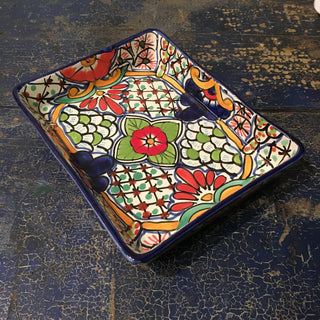 Rectangular Mexican Talavera Baking Dish, Medium, Ready to Ship Ceramics Zinnia Folk Arts Red Petunia with Blue  