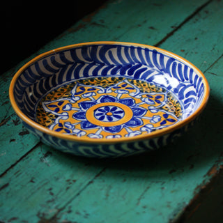 Shallow Talavera Serving Bowl, Ready to Ship Ceramics Zinnia Folk Arts Blue & Saffron  