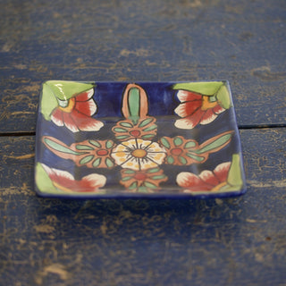 6.5" Small Handmade Dessert Plates, Square, Ready to Ship Ceramics Zinnia Folk Arts Azul y Rojo  