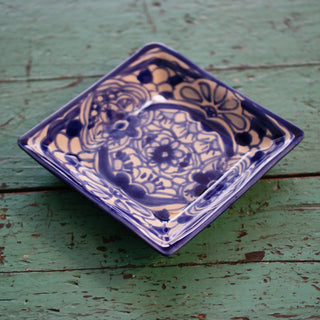 6.5" Small Handmade Dessert Plates, Square, Ready to Ship Ceramics Zinnia Folk Arts Blue and White  