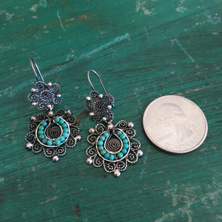 Small Round Mexican Silver Filagree Earrings with Turquoise Beads, 2 Styles Jewelry Zinnia Folk Arts   