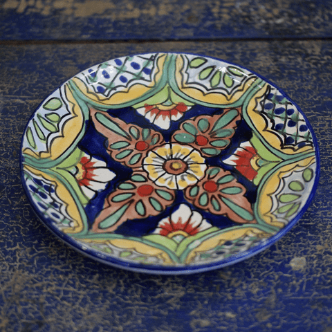 Special Order Round Dessert Plate - Azul y Rojo Tableware Zinnia Folk Arts   