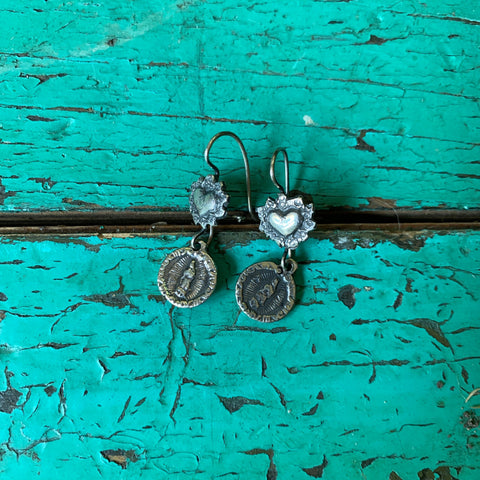 Virgen de Guadalupe with Hearts, Silver Earrings Jewelry Zinnia Folk Arts   