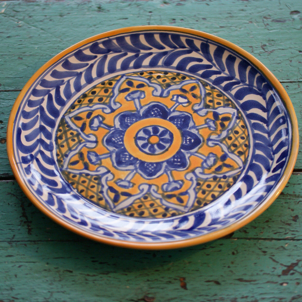 11.5" Talavera Plates, Ready to Ship Ceramics Zinnia Folk Arts Blue and Saffron  