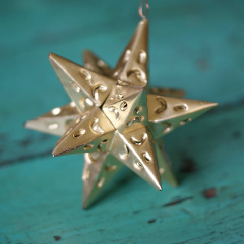 12-Point Mexican Tin Star Christmas Ornament, Gold Christmas Zinnia Folk Arts   