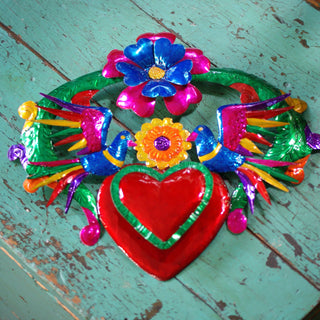 3-D Large Tin Mexican Hearts, Shiny Finish Christmas Zinnia Folk Arts Blue on Pink Flower at the top  