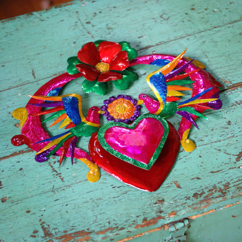 3-D Large Tin Mexican Hearts, Shiny Finish Christmas Zinnia Folk Arts Red on Green Flower at the Top  