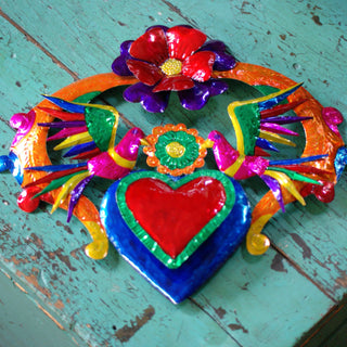 3-D Large Tin Mexican Hearts, Shiny Finish Christmas Zinnia Folk Arts Red on Purple Flower at the top  