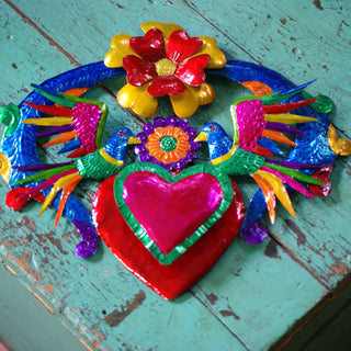 3-D Large Tin Mexican Hearts, Shiny Finish Christmas Zinnia Folk Arts Red on Yellow Flower at the top (slight blemish)  