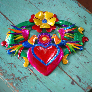 3-D Large Tin Mexican Hearts, Shiny Finish Christmas Zinnia Folk Arts Yellow on Red Flower at the top  