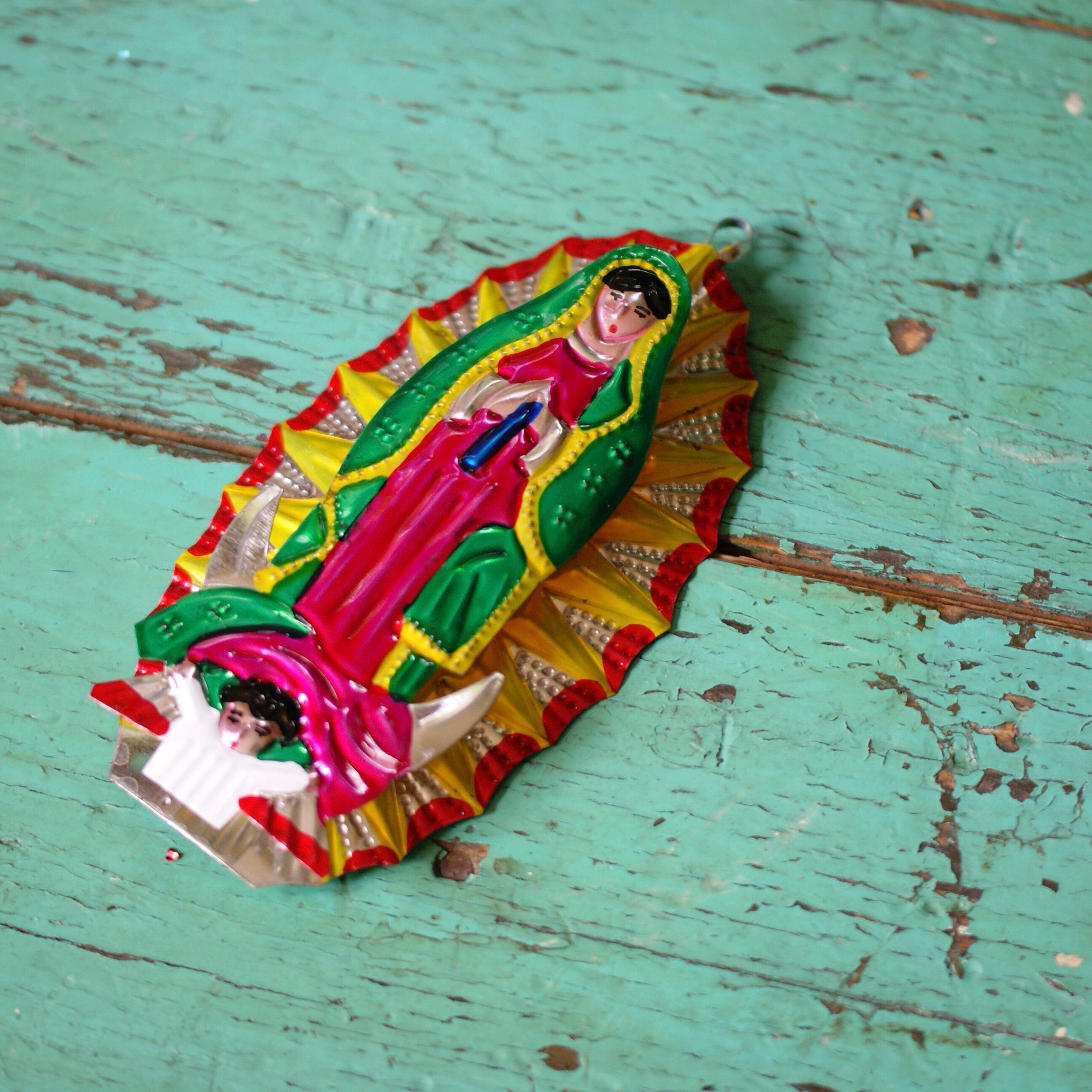 3-D Tin Virgen de Guadalupes, Shiny Finish Christmas Zinnia Folk Arts   