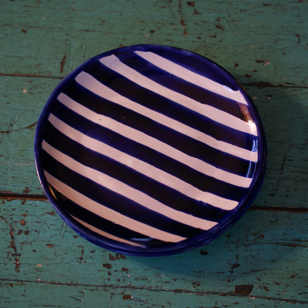 7" Handmade Dessert Plates, Round, Ready to Ship Ceramics Zinnia Folk Arts Cobalt & White Stripe  