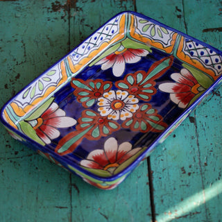 9 x 13" Mexican Talavera Baking Pan, Ready to Ship Ceramics Zinnia Folk Arts Azul y Rojo  
