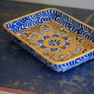 9 x 13" Mexican Talavera Baking Pan, Ready to Ship Ceramics Zinnia Folk Arts Blue and Saffron  