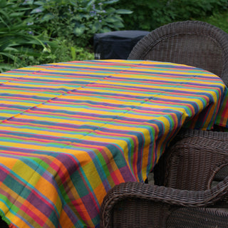 Colorful Woven Cotton Tablecloth, 78" by 55"  Zinnia Folk Arts Ana 1 (Multi & lime green)  