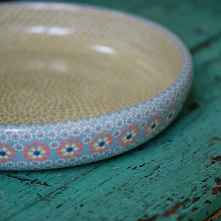 Shallow Sides Capula Round Baking Pan or Tray, Ready to Ship Ceramics Zinnia Folk Arts Blue Gray with Yellow Green Interior  