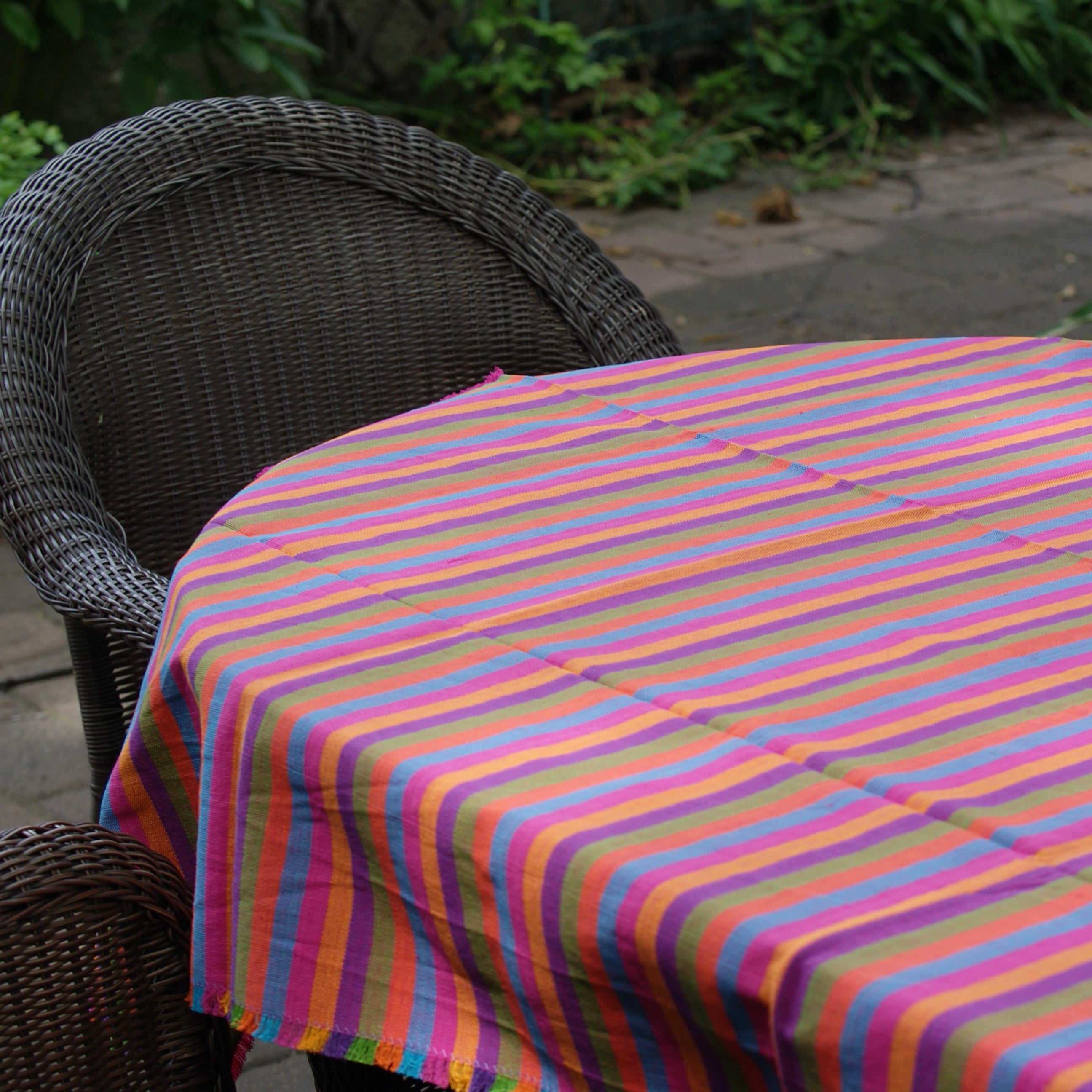 Colorful Woven Cotton Tablecloth, 78" by 55" Zinnia Folk Arts Summer Stripe 1 (purple/orange/pink)