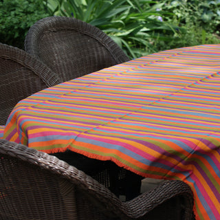 Colorful Woven Cotton Tablecloth, 78" by 55"  Zinnia Folk Arts Summer Stripe 2 (orange/green/pink)  