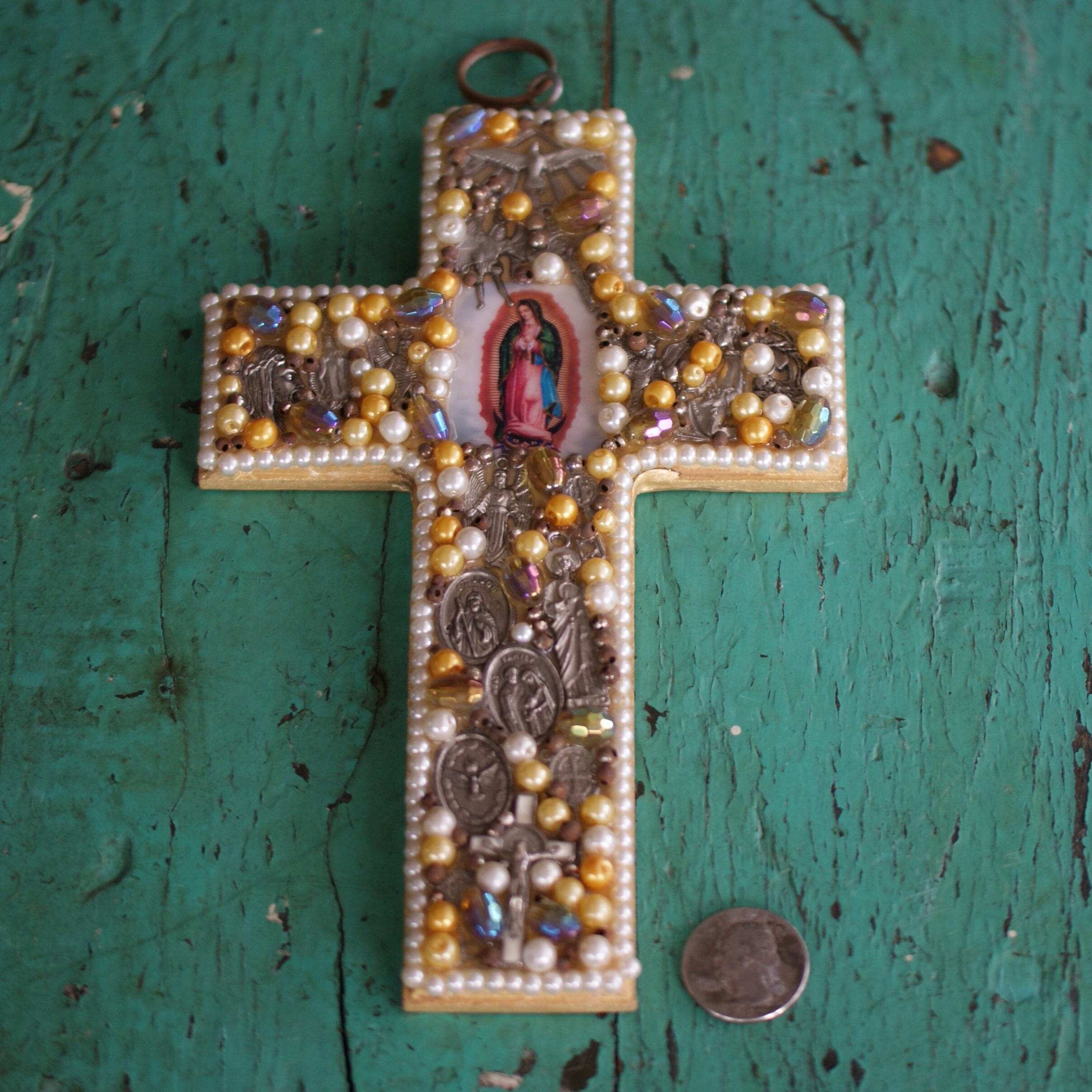 Beaded Cross with Image of Guadalupe  Zinnia Folk Arts   