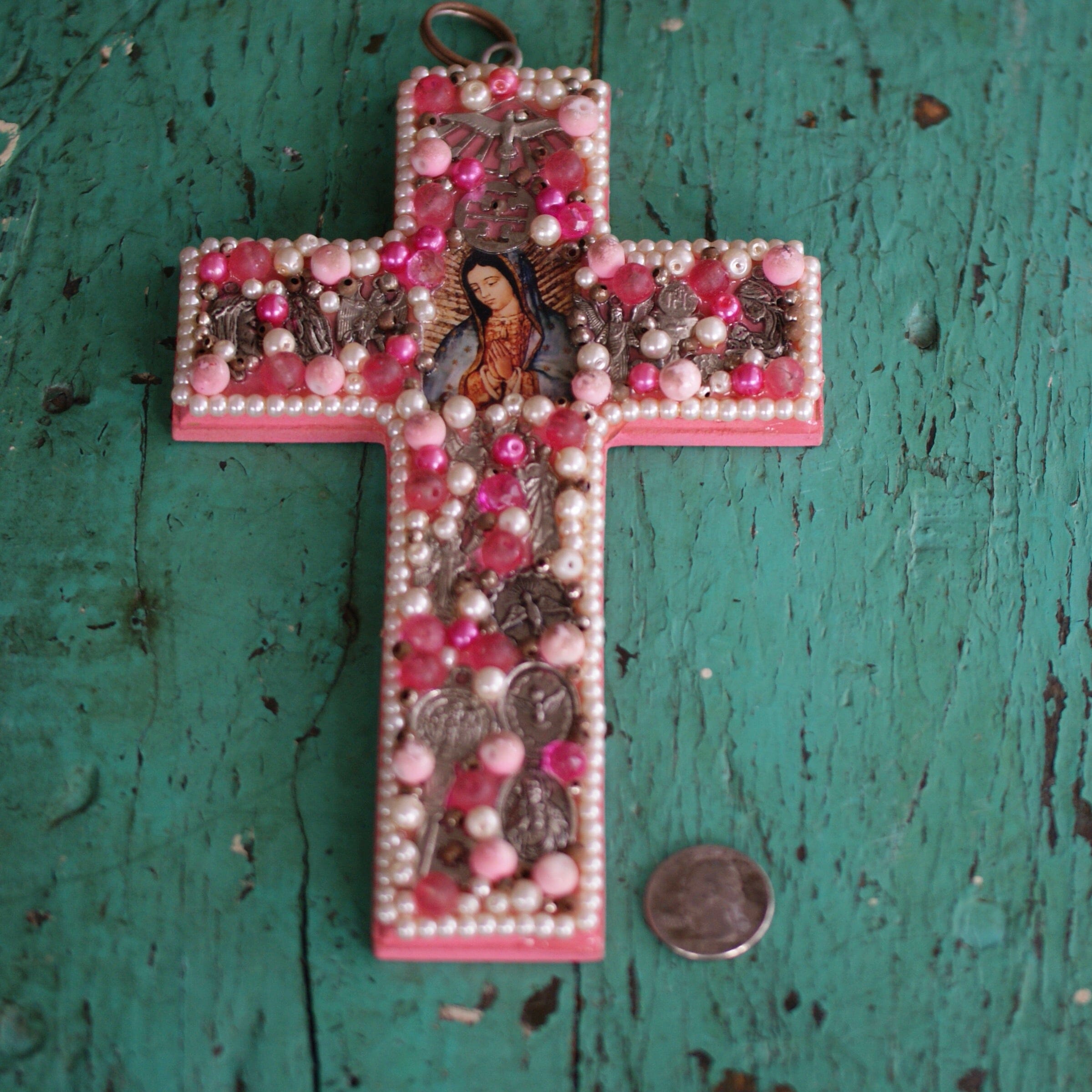 Beaded Cross with Image of Guadalupe  Zinnia Folk Arts   
