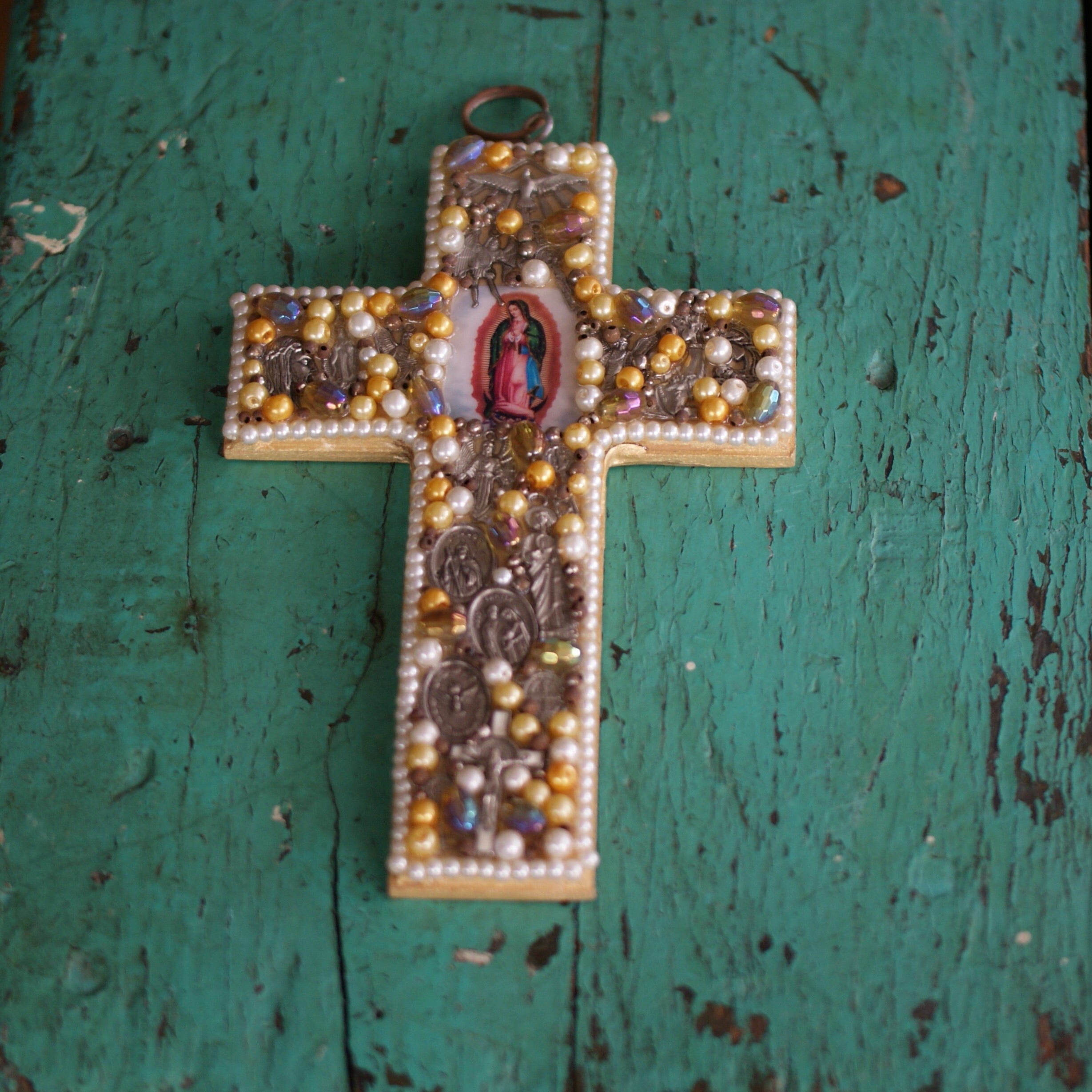 Beaded Cross with Image of Guadalupe  Zinnia Folk Arts   