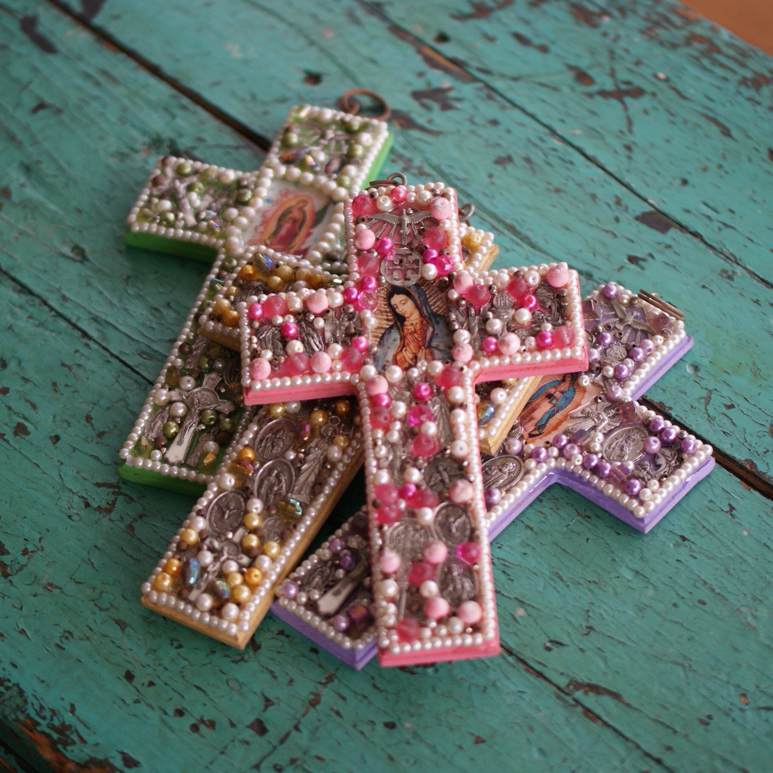 Beaded Cross with Image of Guadalupe  Zinnia Folk Arts   