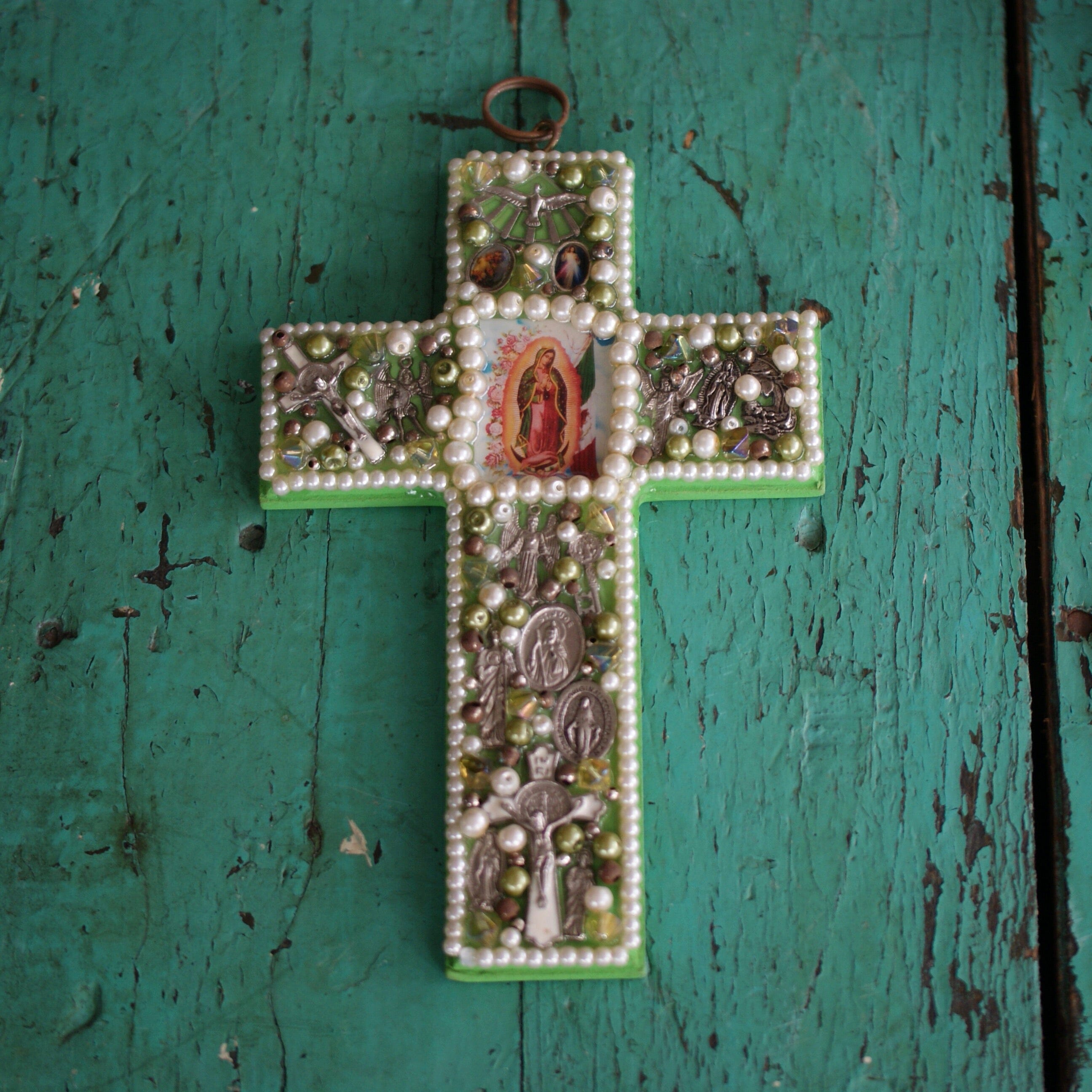 Beaded Cross with Image of Guadalupe  Zinnia Folk Arts   