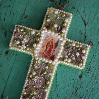 Beaded Cross with Image of Guadalupe  Zinnia Folk Arts Green  