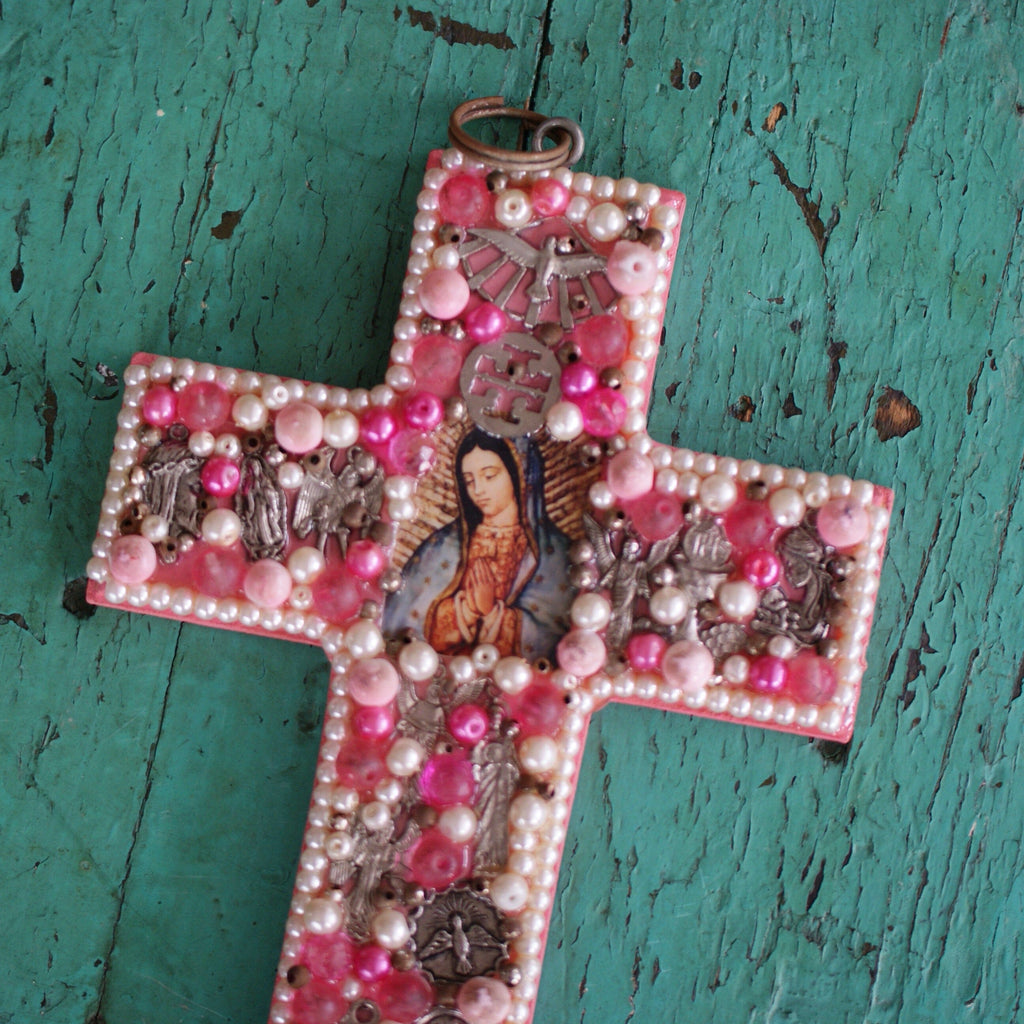 Beaded Cross with Image of Guadalupe  Zinnia Folk Arts Pink  