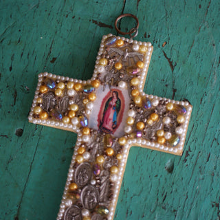 Beaded Cross with Image of Guadalupe  Zinnia Folk Arts Yellow  
