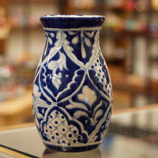 Blue and White Mexican Talavera Flower Vase, Ready to Ship Ceramics Zinnia Folk Arts   