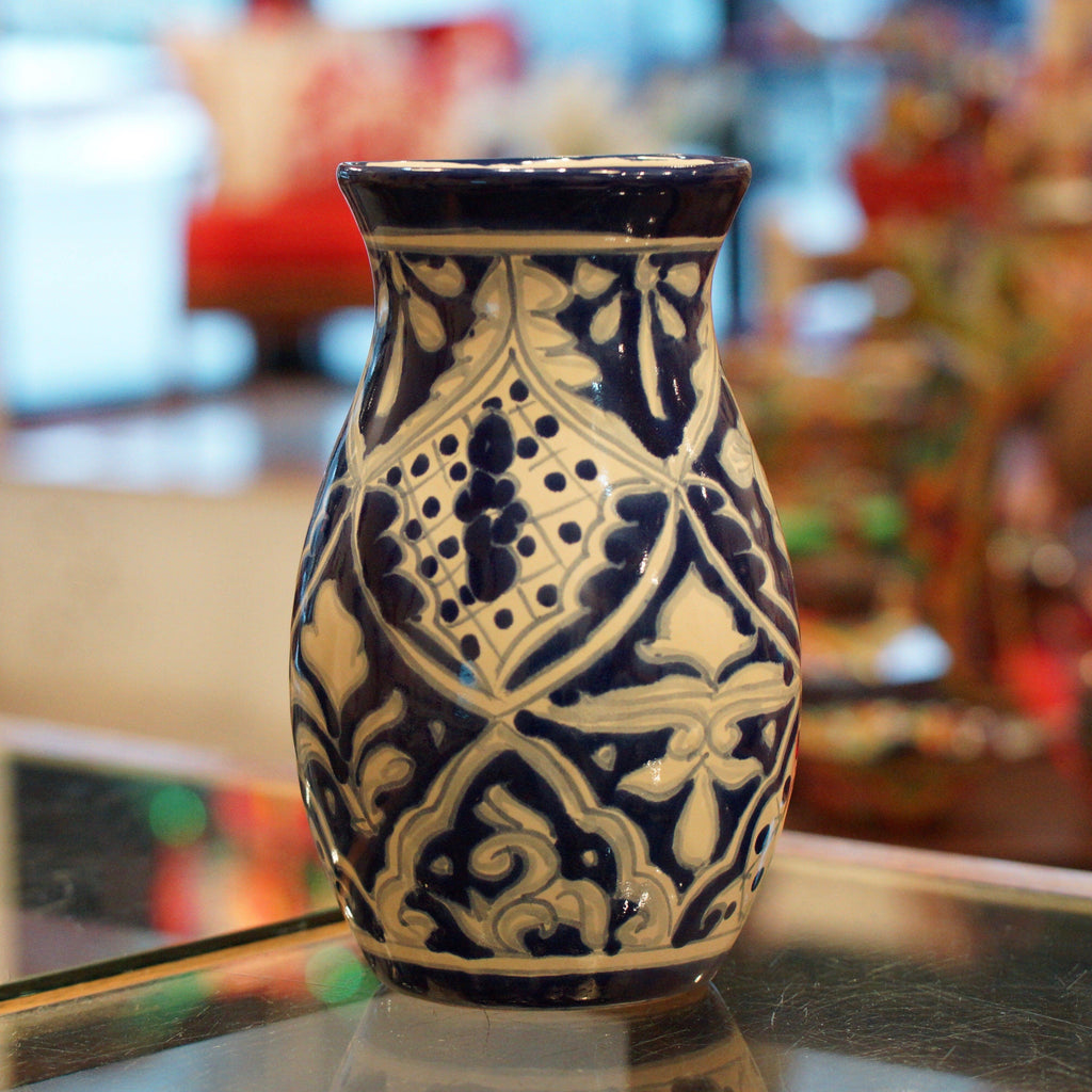 Blue and White Mexican Talavera Flower Vase, Ready to Ship Ceramics Zinnia Folk Arts Blue and White Mix  