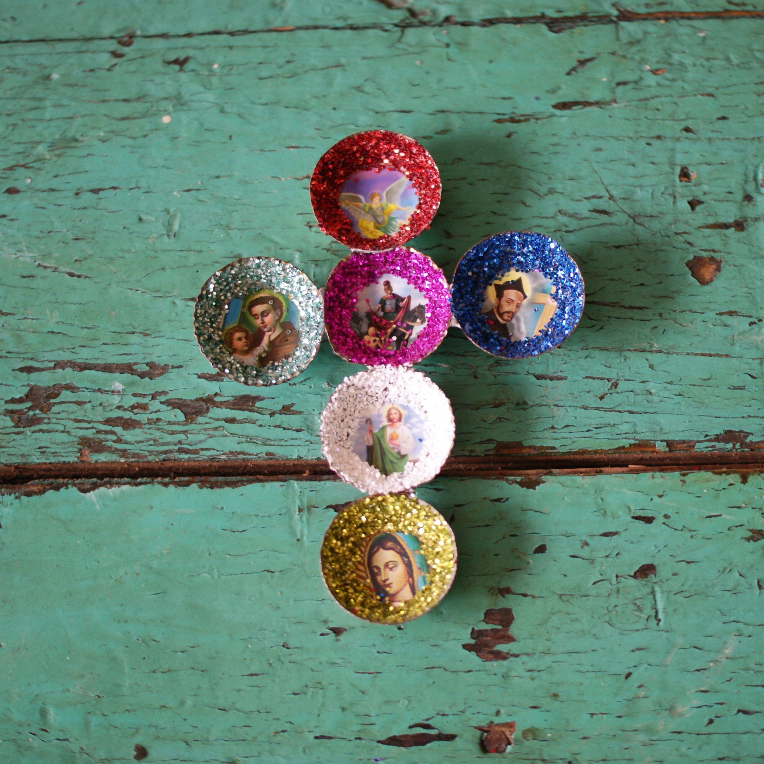 Bottlecap Crosses with Saints  Zinnia Folk Arts Cross 2  