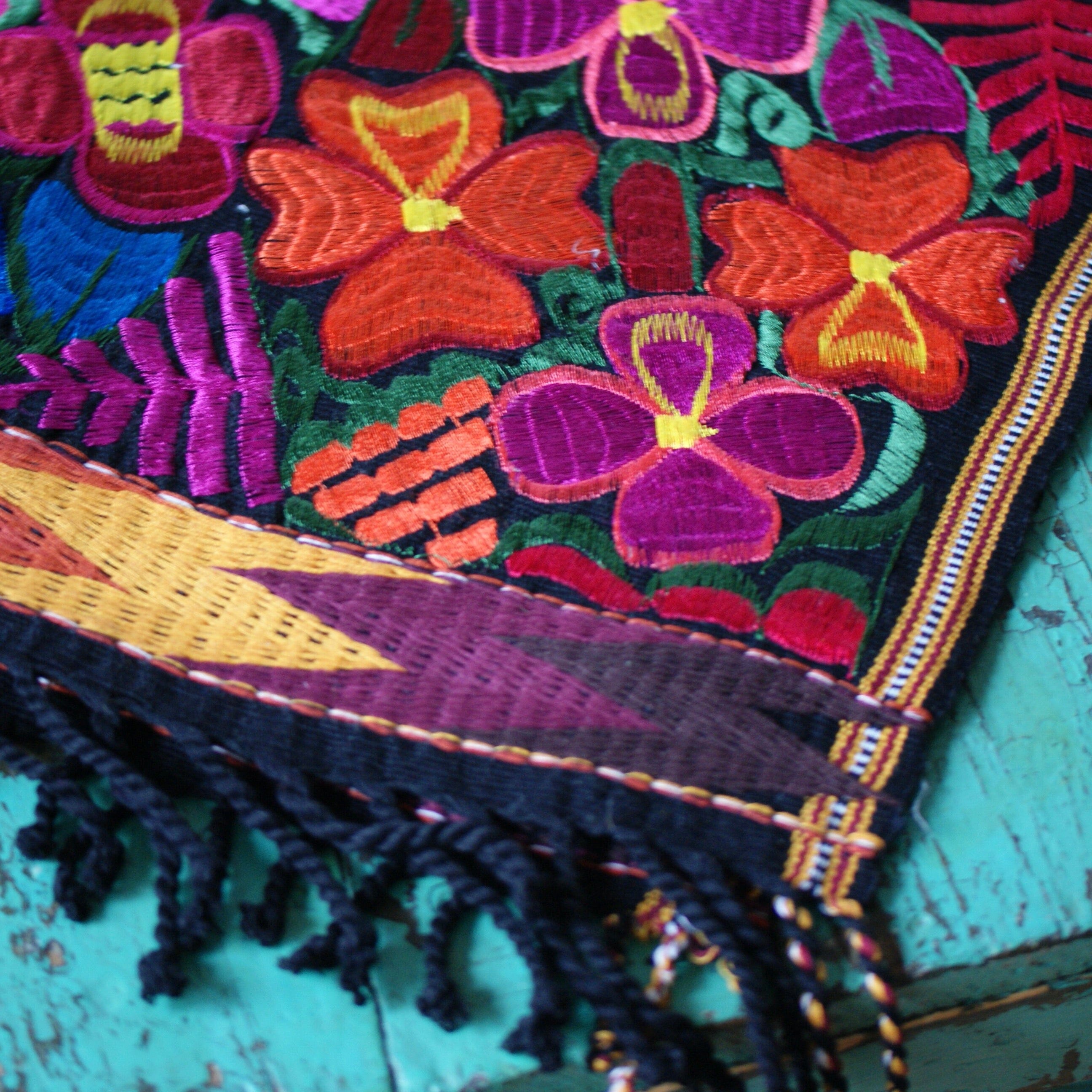 Bright Colors 4' Long Mexican Embroidered Table Runner Textile Textile Zinnia Folk Arts   
