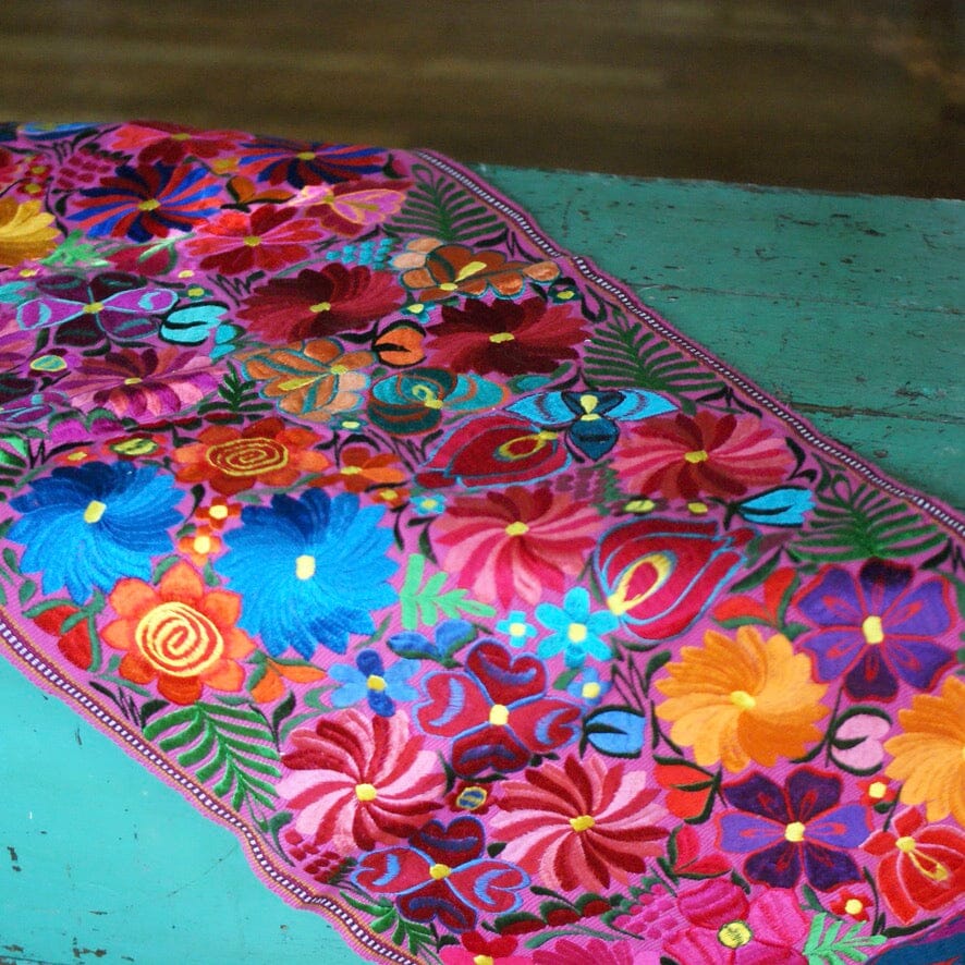 Bright Colors 4' Long Mexican Embroidered Table Runner Textile Textile Zinnia Folk Arts   