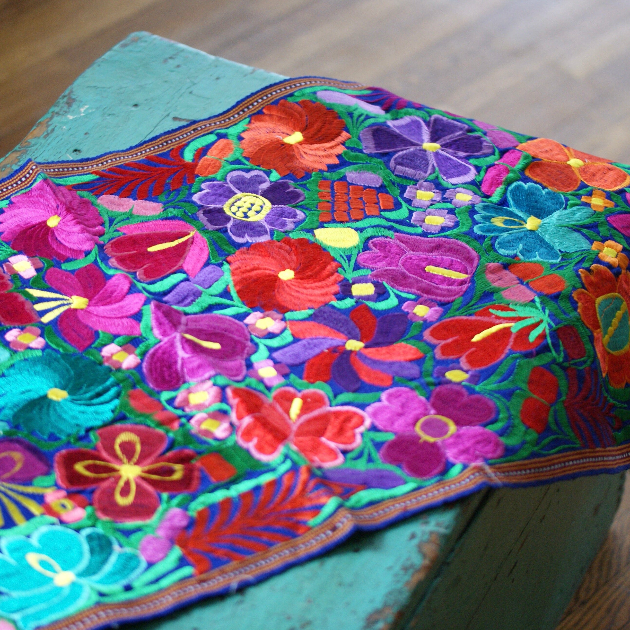 Bright Colors 4' Long Mexican Embroidered Table Runner Textile Textile Zinnia Folk Arts   