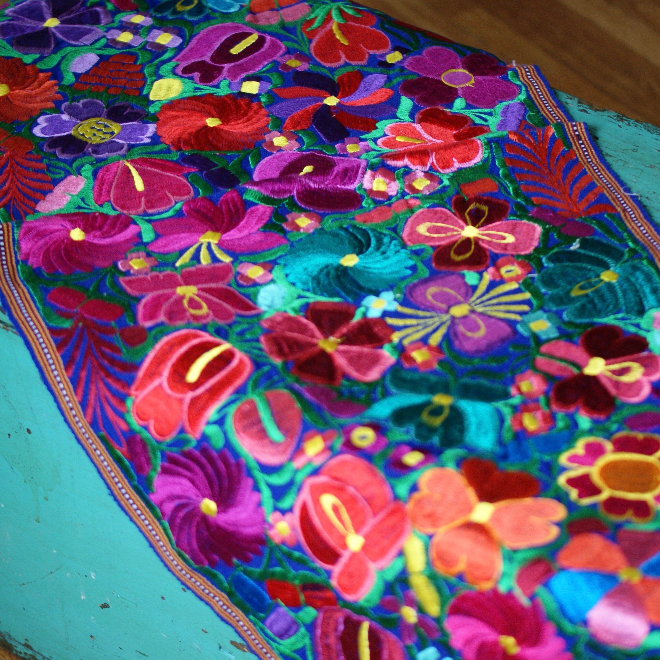 Bright Colors 4' Long Mexican Embroidered Table Runner Textile Textile Zinnia Folk Arts   
