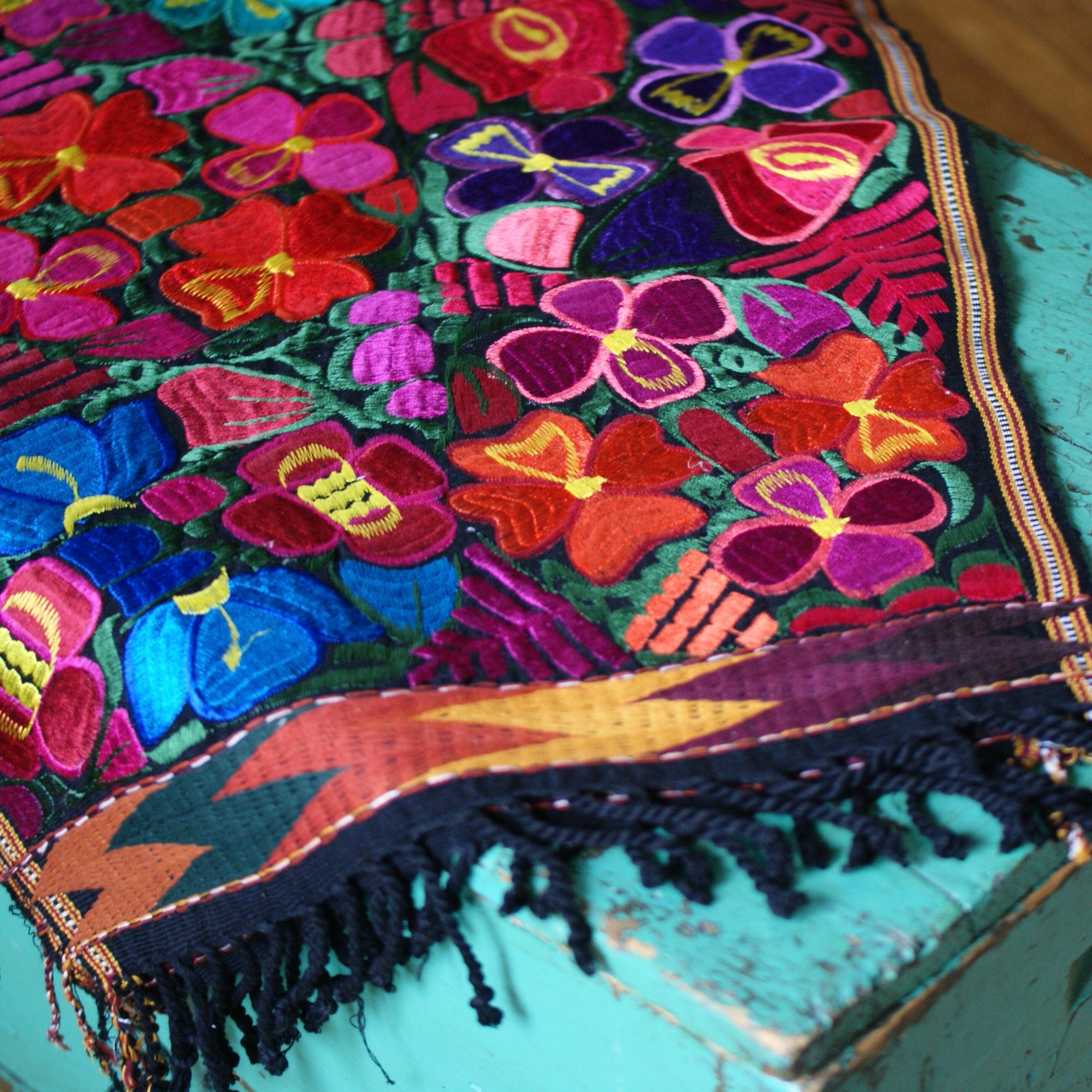 Bright Colors 4' Long Mexican Embroidered Table Runner Textile Textile Zinnia Folk Arts   